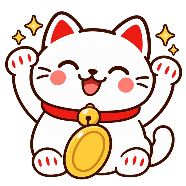 こばんちゃん（招き猫）が小判を掲げている